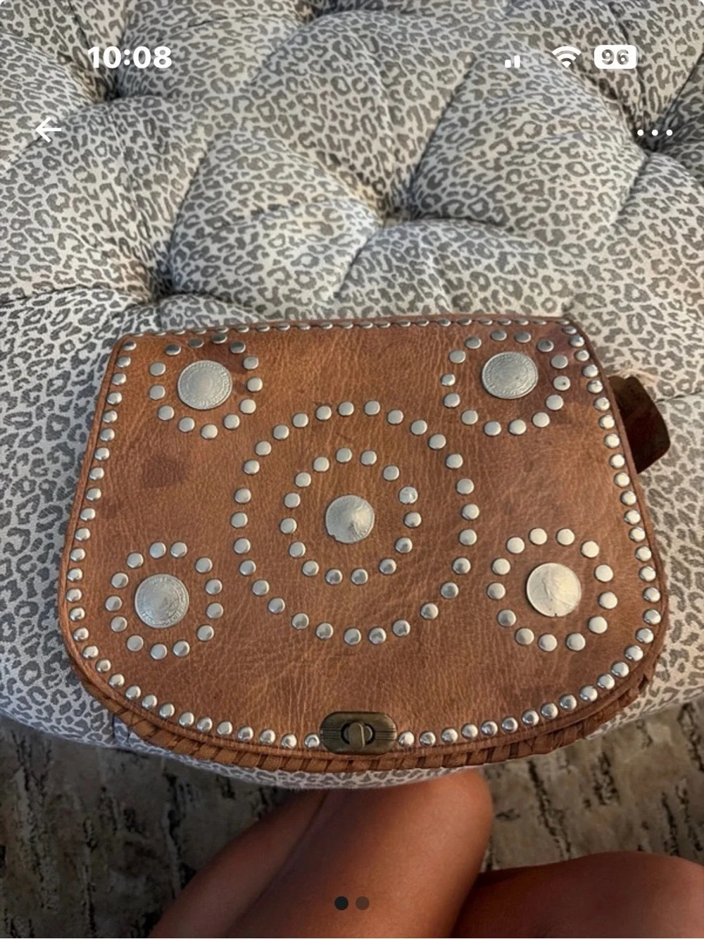 Brown Leather Shoulder Bag with Silver Stud Detail